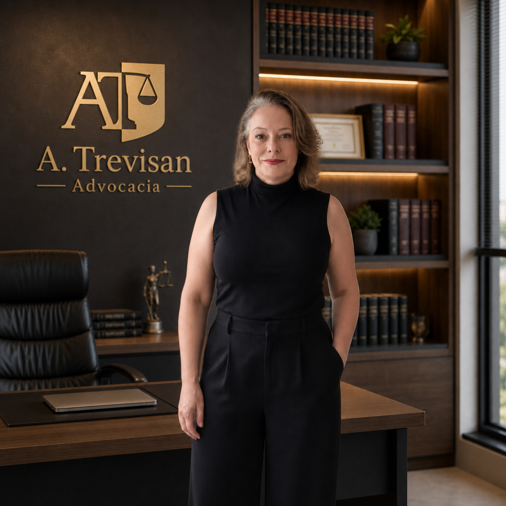 Ana Trevisan, advogada, no escritório de advocacia com o logotipo A. Trevisan Advocacia ao fundo